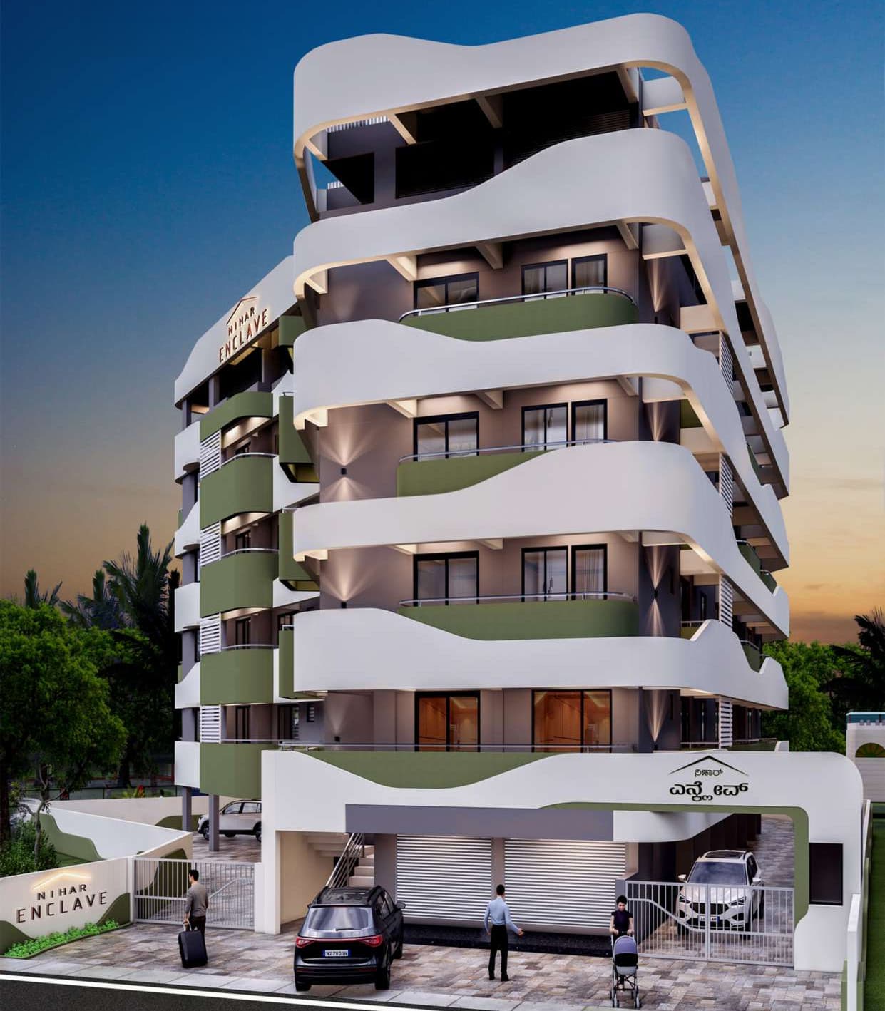 Artist's render of Nihar Enclave at dusk: a white apartment building wrapped in flowing curved balcony bands with green-finished balcony fronts, above a gated entrance and covered parking.
