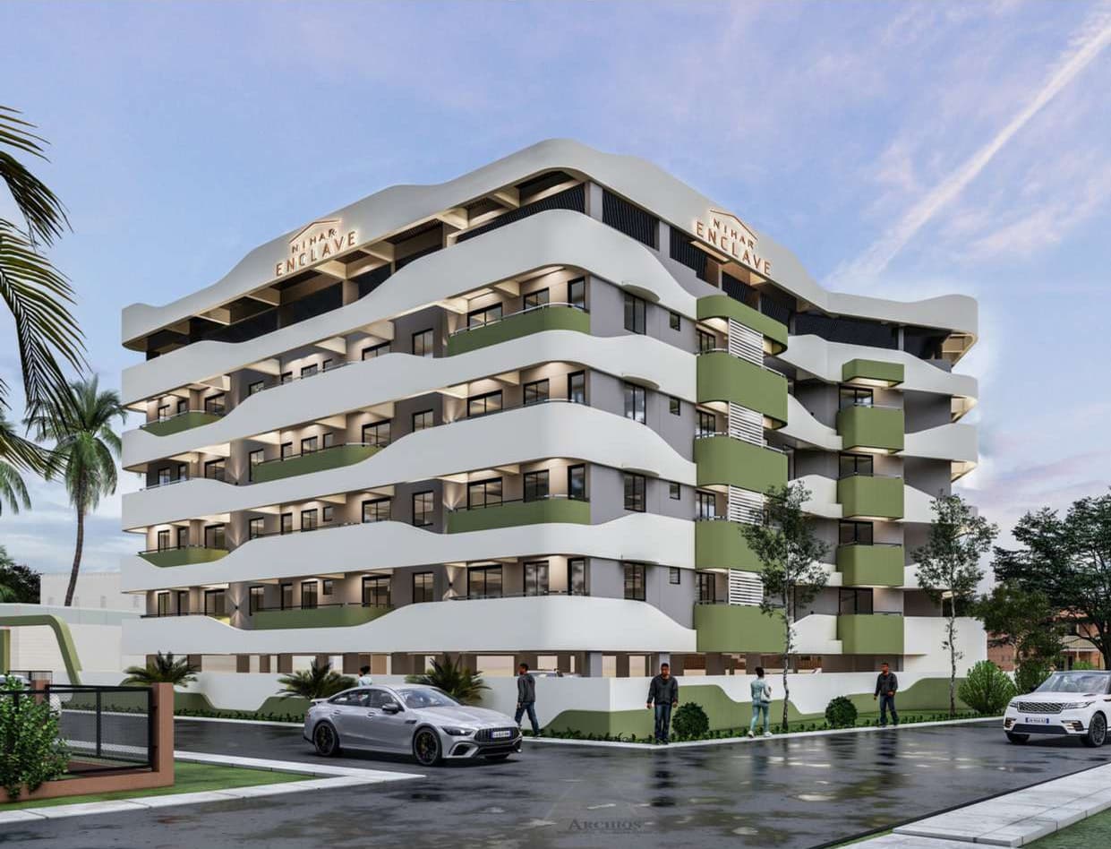 Artist's render of the Nihar Enclave façade from the street corner, showing undulating white floor bands, green balcony fronts and palm trees.