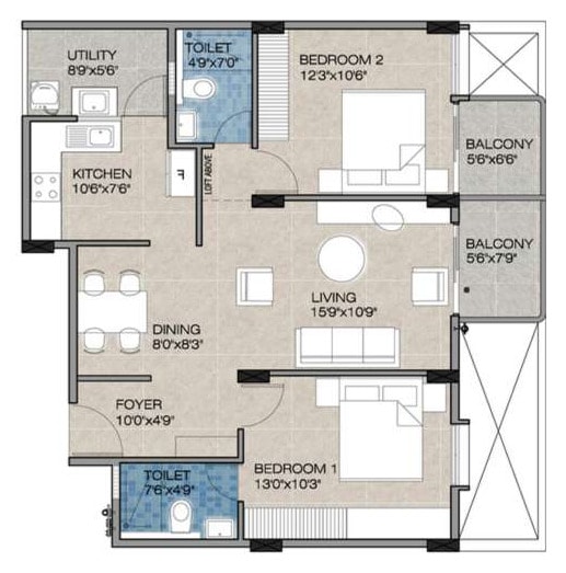 Brochure floor plan of residence type 2B2, two bedrooms, units 101, 201, 301 and 401, 1,170 sq. ft.: foyer, living 15′9″ × 10′9″, dining, kitchen, utility, two bedrooms, two toilets and two balconies.