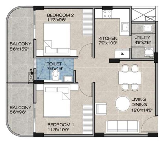 Brochure floor plan of residence type 2B5, two bedrooms, unit 104, 965 sq. ft.: living-dining 12′0″ × 14′8″, kitchen, utility, two bedrooms, one toilet and two balconies along the bedroom side.