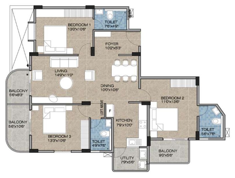 Brochure floor plan of residence type 3B1, three bedrooms, units 103, 203 and 303, 1,630 sq. ft.: foyer, living 14′9″ × 11′0″, dining 10′0″ × 10′6″, kitchen, utility, three bedrooms, three toilets and three balconies.