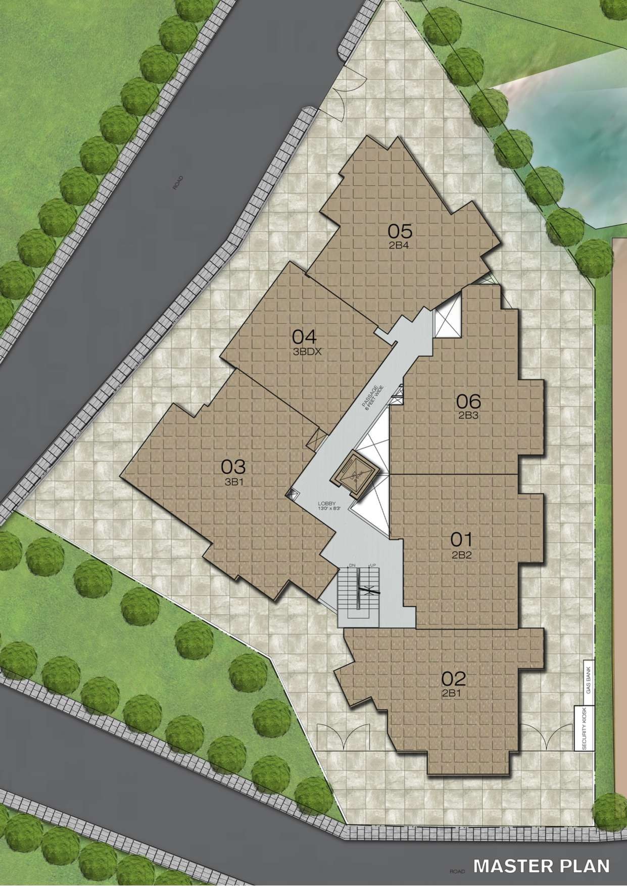 Brochure master plan showing the building footprint with six apartment positions around a central lobby, lift and staircase, a 6 ft wide passage, roads on two sides, a security kiosk and a gas bank.
