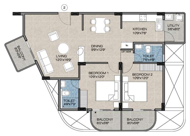 Brochure floor plan of residence type 2B1, two bedrooms, units 202, 302 and 402, 1,330 sq. ft.: living 12′0″ × 16′9″, dining 9′9″ × 12′9″, kitchen, utility, two equal bedrooms, two toilets and three balconies.