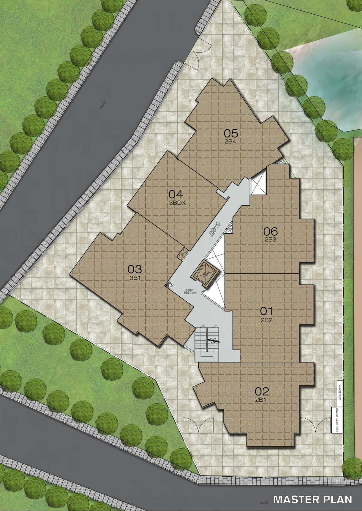 Brochure master plan showing the building footprint with six apartment positions around a central lobby, lift and staircase, a 6 ft wide passage, roads on two sides, a security kiosk and a gas bank.