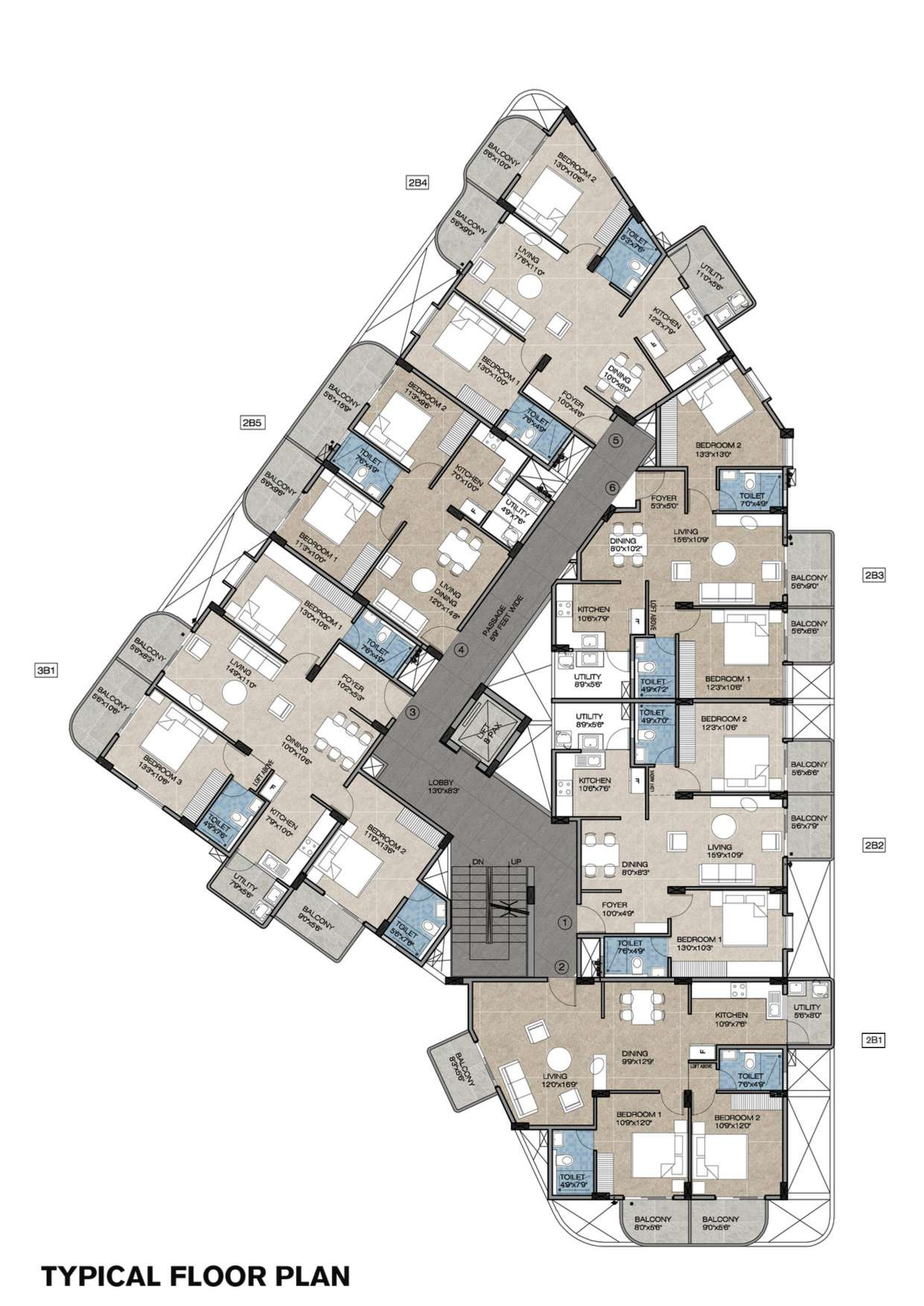 Brochure typical floor plan showing six apartments (types 2B1, 2B2, 2B3, 2B4, 2B5 and 3B1) arranged around the lobby, lift and staircase, with room names and dimensions.